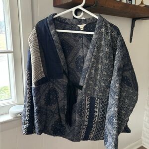 Buykud Women's Cottagecore grandma quilted pattern Navy and Gray tie puff Jacket